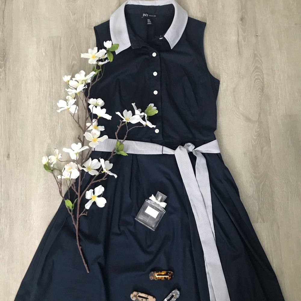 Dark blue, sleeveless, dress with stripped collar